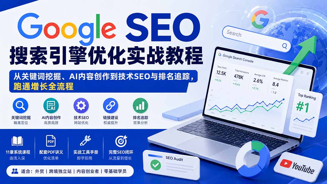 Google SEO搜索引擎优化实战教程：从关键词挖掘、AI内容创作到技术SEO与排名追踪，跑通增长全流程-佰因轻创网