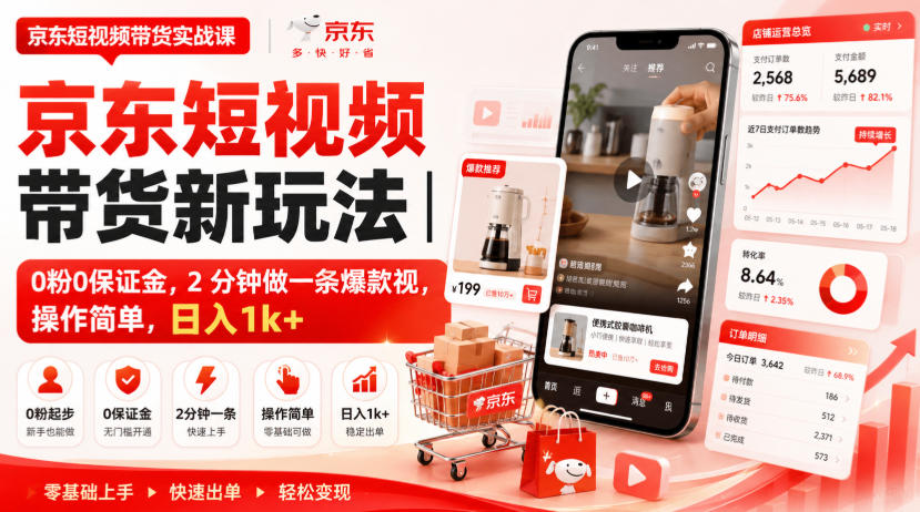 京东短视频带货新玩法｜0粉0保证金，2分钟做一条爆款视，操作简单，日入1k+【揭秘】-佰因轻创网