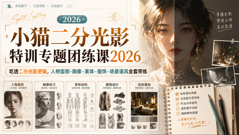 小猫二分光影特训专题团练课2026｜吃透二分光影逻辑，人物面部‑胸像‑素体‑服饰‑场景道具全套带练，高清画质附赠课件与笔刷-佰因轻创网
