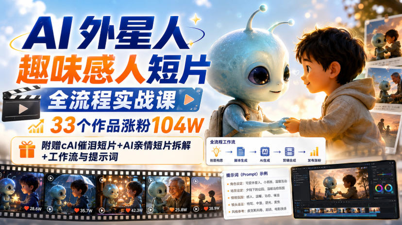 AI外星人趣味感人短片全流程实战课，33个作品涨粉104W，附赠AI催泪短片+AI亲情短片拆解+工作流与提示词-佰因轻创网