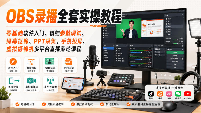 OBS录播全套实操教程|零基础软件入门、精细参数调试、绿幕抠像、手机投屏、虚拟摄像机多平台直播落地课程-佰因轻创网