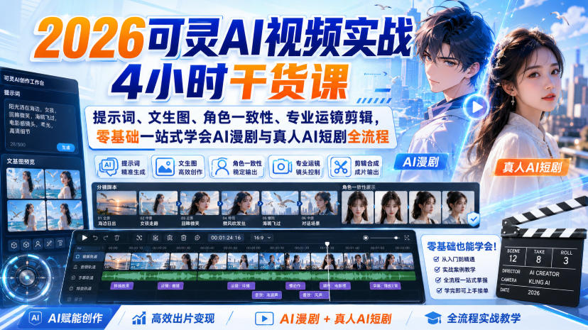 2026可灵AI视频实战4小时干货课|提示词、文生图、角色一致性、专业运镜剪辑,零基础一站式学会AI漫剧与真人AI短剧全流程-佰因轻创网