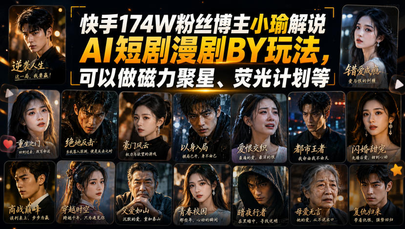 快手174W粉丝博主小瑜解说AI短剧漫剧搬运玩法，可以做磁力聚星、荧光计划等-佰因轻创网