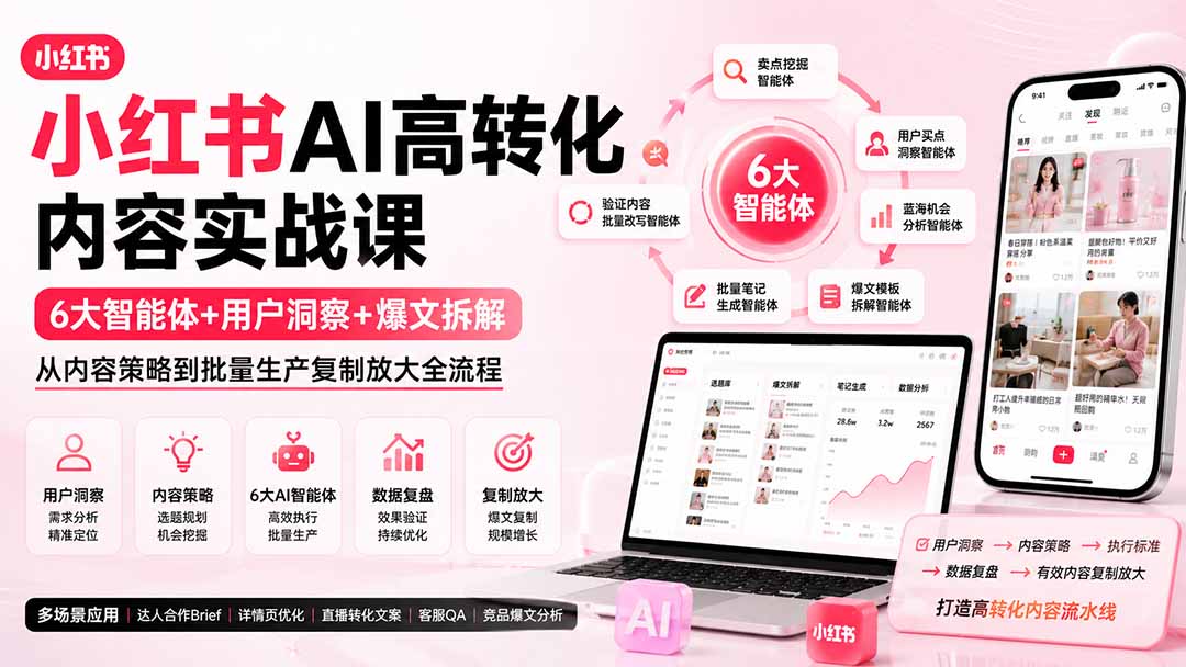 小红书AI高转化内容实战课：6大智能体+用户洞察+爆文拆解，从内容策略到批量生产复制放大全流程-佰因轻创网