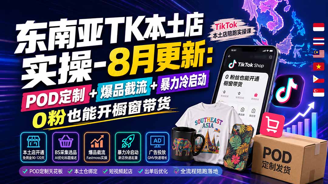 东南亚TK本土店实操-8月更新:POD定制+爆品截流+暴力冷启动,0粉也能开橱窗带货-佰因轻创网