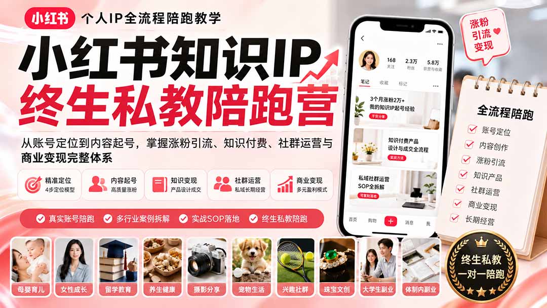 小红书知识IP终生私教陪跑营：从账号定位到内容起号，掌握涨粉引流、知识付费、社群运营与商业变现完整体系-佰因轻创网