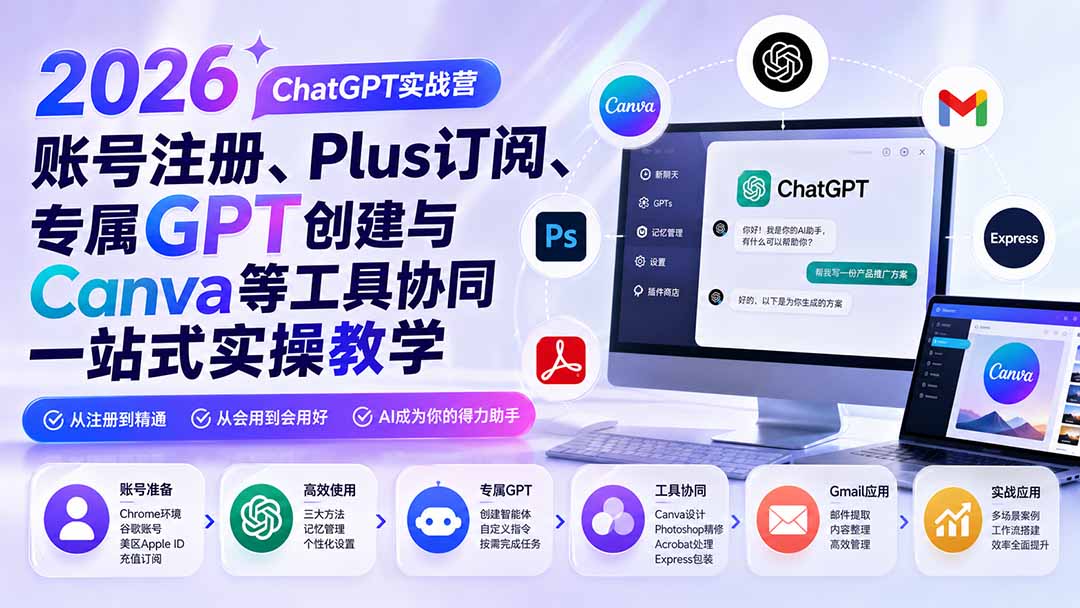 2026 ChatGPT实战营；账号注册、Plus订阅、专属GPT创建与Canva等工具协同一站式实操教学-佰因轻创网