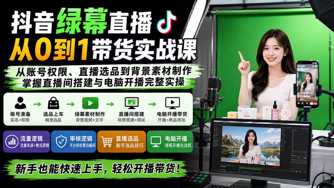 抖音绿幕直播从0到1带货实战课：从账号权限、直播选品到背景素材制作，掌握直播间搭建与电脑开播完整实操-佰因轻创网