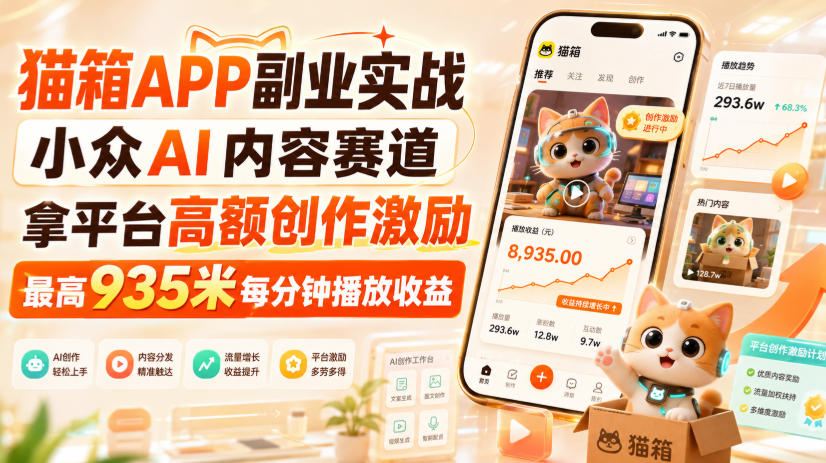猫箱APP副业实战，小众AI内容赛道，拿平台高额创作激励，最高935米每分钟播放收益-佰因轻创网
