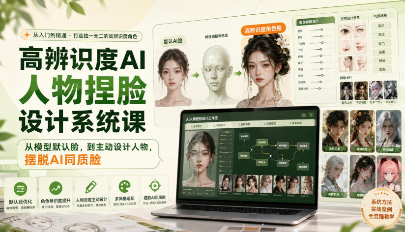 高辨识度AI人物捏脸设计系统课，从模型默认脸，到主动设计人物，摆脱AI同质脸-佰因轻创网