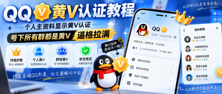 QQ黄V认证教程，个人主资料显示黄V认证，号下所有群都是黄V，逼格拉满-佰因轻创网