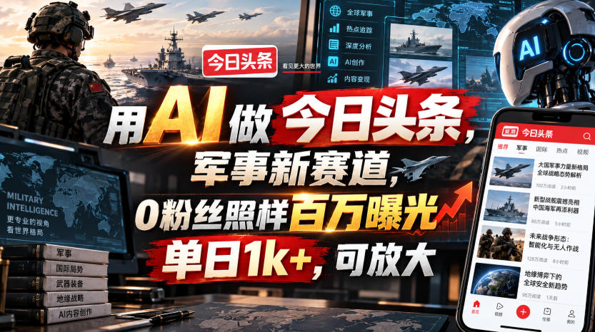 用AI做今日头条，军事新赛道，0粉丝照样百万曝光，单日1k+，可放大-佰因轻创网