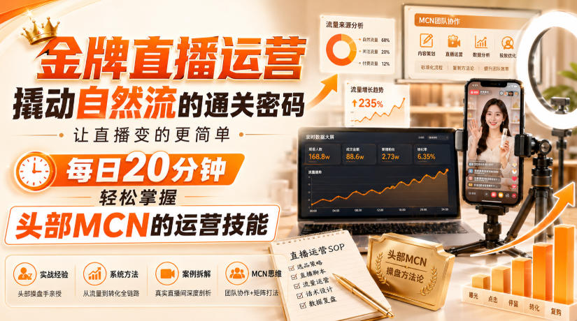 金牌直播运营撬动自然流的通关密码，让直播变的更简单，每日20分钟，轻松掌握头部MCN的运营技能-佰因轻创网