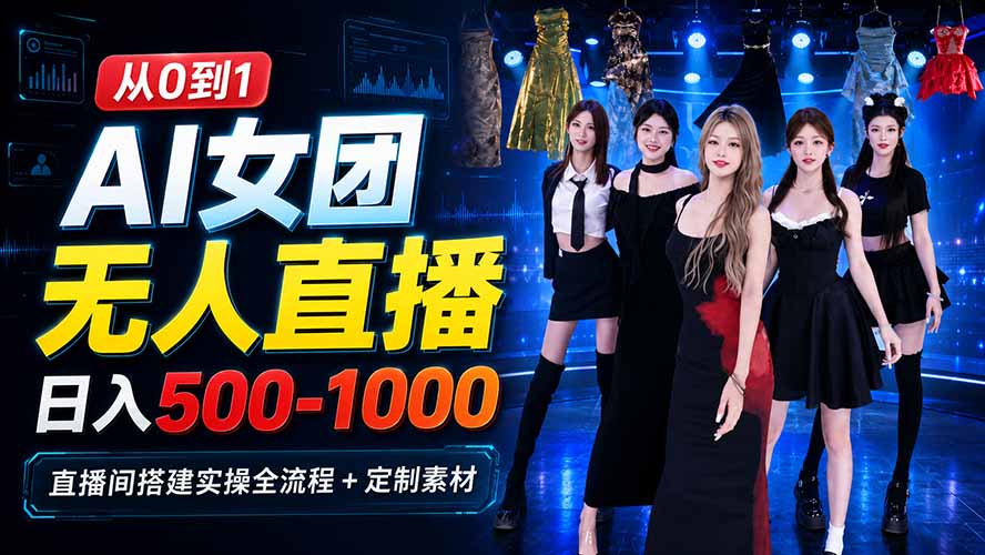 AI 女团无人直播，躺入500-1000每天，直播间搭建实操全流程+定制素材-佰因轻创网