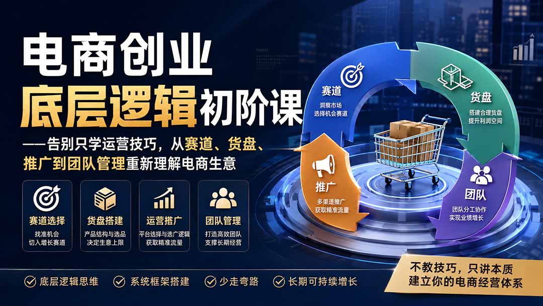 电商创业底层逻辑初阶课——告别只学运营技巧，从赛道、货盘、推广到团队管理重新理解电商生意-佰因轻创网