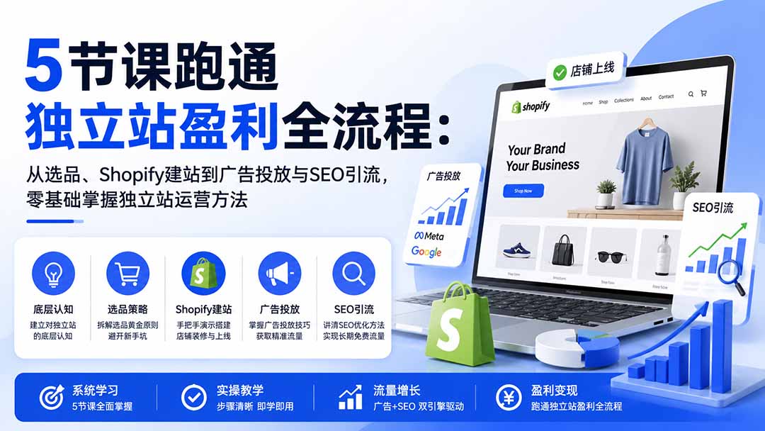图片[1]-5节课跑通独立站盈利全流程：从选品、Shopify建站到广告投放与SEO引流，零基础掌握独立站运营方法-佰因轻创网