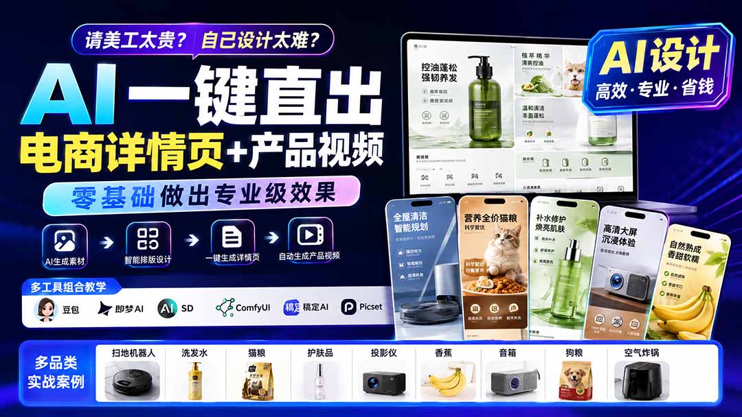 请美工太贵？自己设计太难？AI一键直出电商详情页+产品视频，零基础做出专业级效果 (更新0820-佰因轻创网