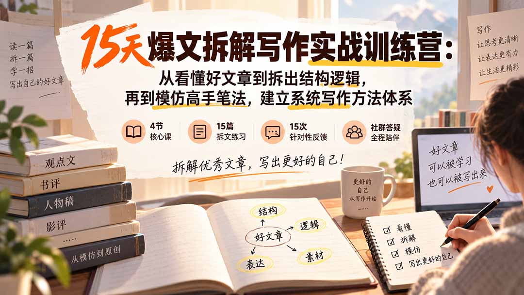 15天爆文拆解写作实战训练营：从看懂好文章到拆出结构逻辑，再到模仿高手笔法，建立系统写作方法体系-佰因轻创网