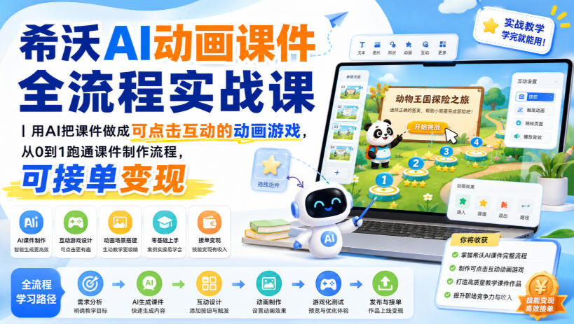 希沃AI动画课件全流程实战课｜用AI把课件做成可点击互动的动画游戏，从0到1跑通课件制作流程，可接单变现-佰因轻创网