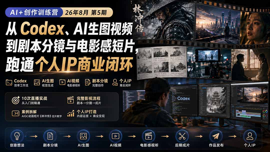AI+创作训练营26年第5期-更新：从Codex、AI生图视频到剧本分镜与电影感短片，跑通个人IP商业闭环-佰因轻创网