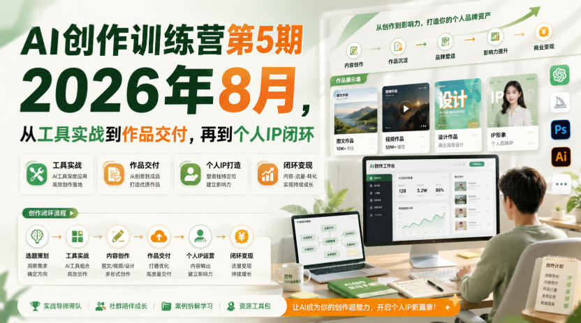AI创作训练营第5期2026年8月,从工具实战到作品交付,再到个人IP闭环(更新0910)-佰因轻创网