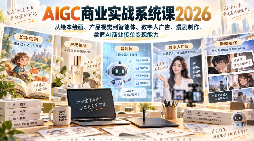AIGC商业实战系统课2026，从绘本绘画、产品视觉到智能体、数字人广告、漫剧制作，掌握AI商业接单变现能力-佰因轻创网