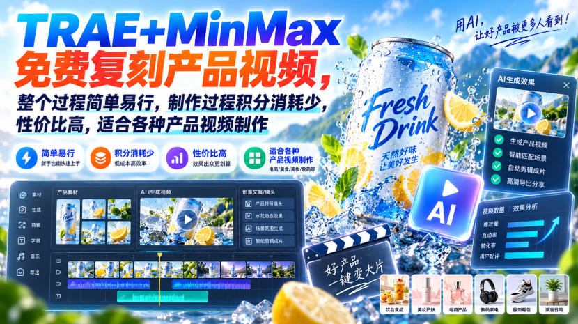 TRAE+MinMax免费复刻产品视频，整个过程简单易行，制作过程积分消耗少，性价比高，适合各种产品视频制作-佰因轻创网