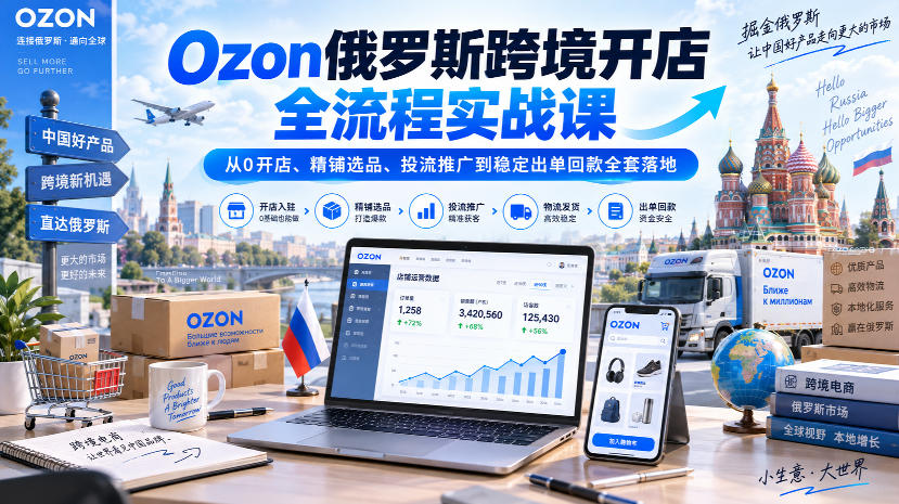 Ozon俄罗斯跨境开店全流程实战课｜从0开店、精铺选品、投流推广到稳定出单回款全套落地-佰因轻创网