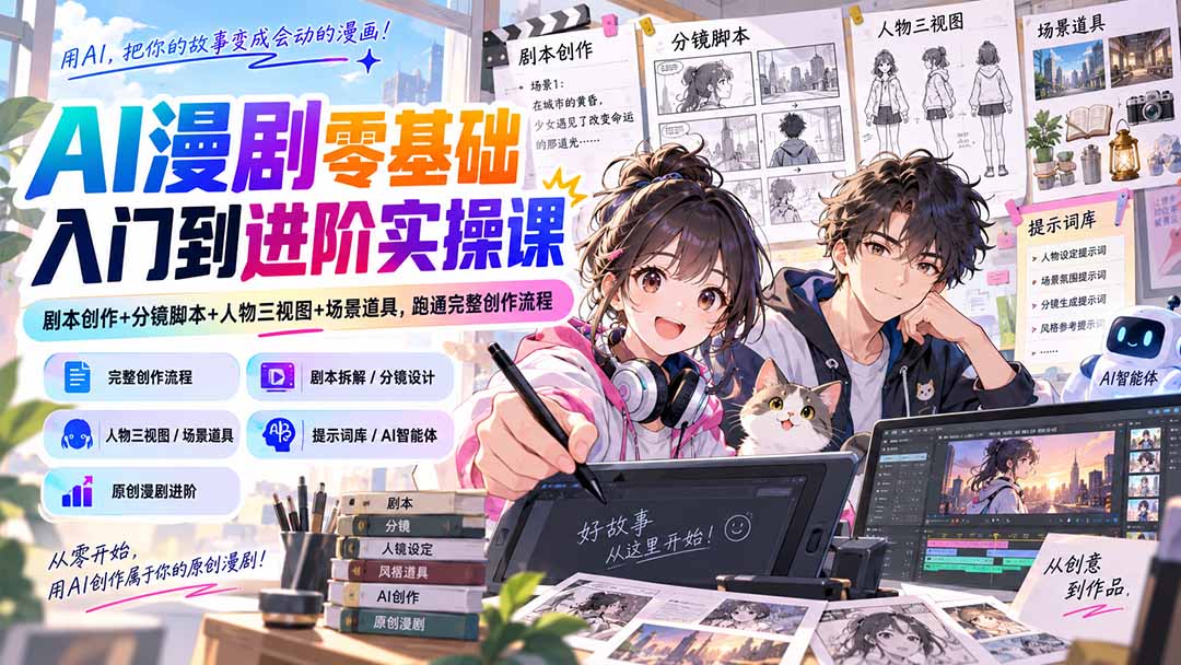 AI漫剧零基础入门到进阶实操课：剧本创作+分镜脚本+人物三视图+场景道具，跑通完整创作流程-佰因轻创网