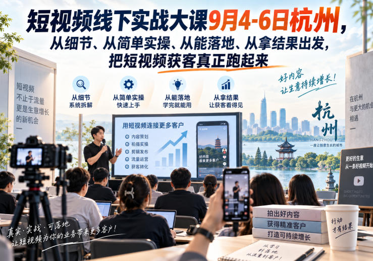 短视频线下实战大课9月4-6日杭州，从细节、从简单实操、从能落地、从拿结果出发，把短视频获客真正跑起来-佰因轻创网