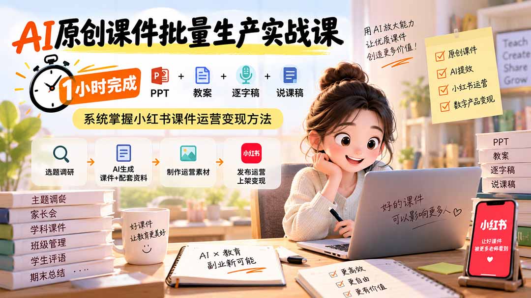 AI原创课件批量生产实战课：1小时完成PPT+教案+逐字稿+说课稿，系统掌握小红书课件运营变现方法-佰因轻创网