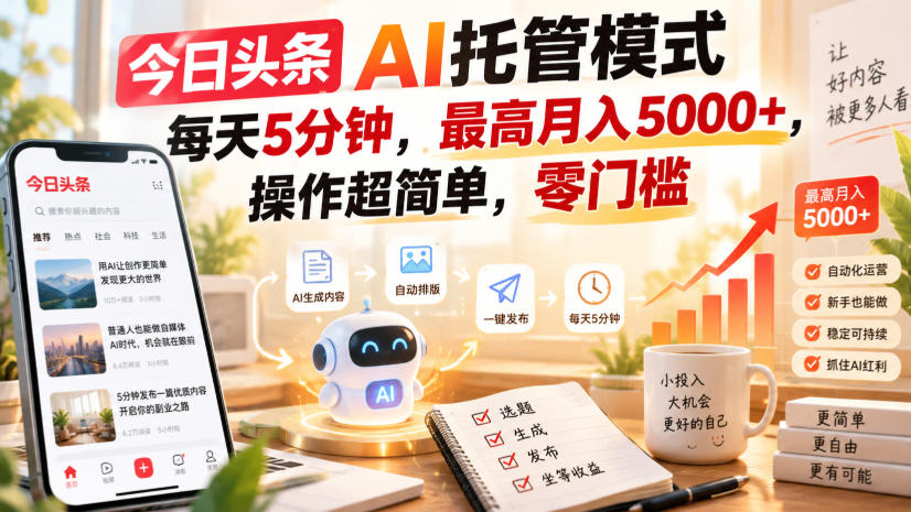 今日头条AI托管模式，每天5分钟，最高月入5000+，操作超简单，零门槛【揭秘】-佰因轻创网