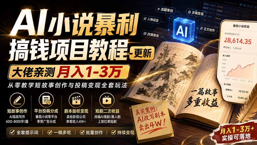 AI小说短故事暴利搞钱项目教程-更新，大佬亲测月入1-3万，从零教学短故事创作与投稿变现全套玩法-佰因轻创网
