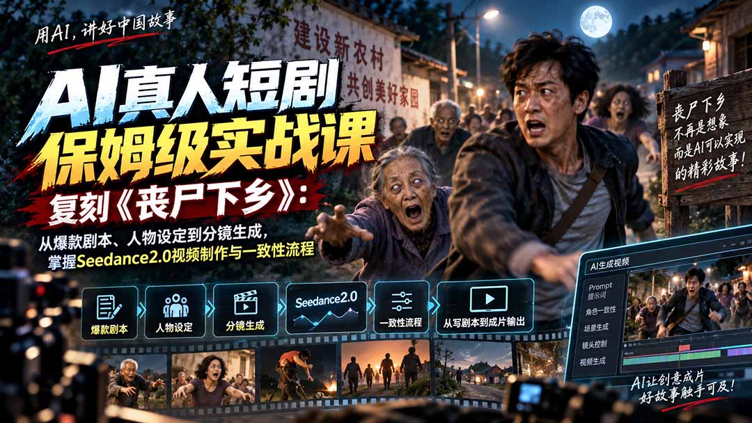 AI真人短剧保姆级实战课，复刻《丧尸下乡》：从爆款剧本、人物设定到分镜生成，掌握Seedance2.0视频制作与一致性流程-佰因轻创网
