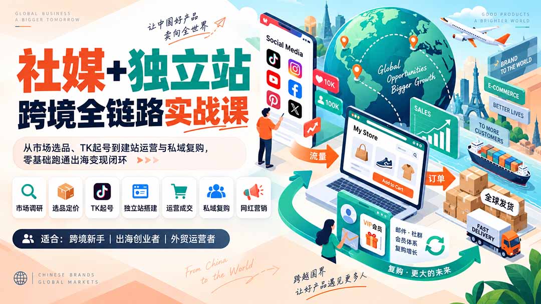 社媒+独立站跨境全链路实战课：从市场选品、TK起号到建站运营与私域复购，零基础跑通出海变现闭环-佰因轻创网