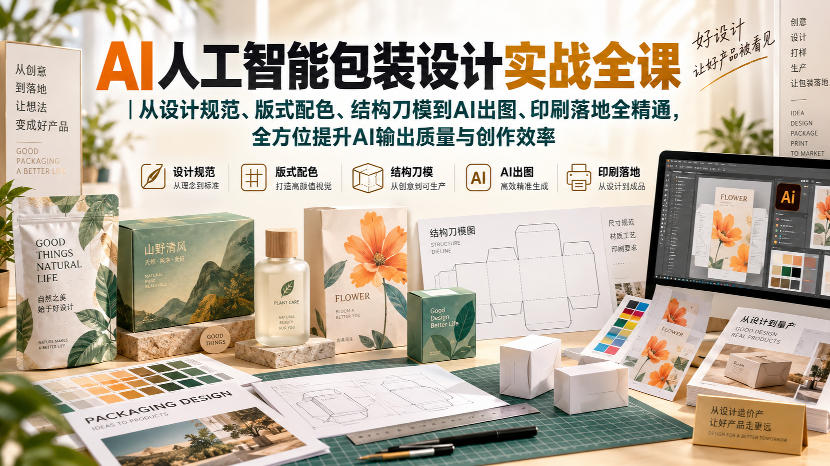 AI人工智能包装设计实战全课｜从设计规范、版式配色、结构刀模到AI出图、印刷落地全精通-佰因轻创网