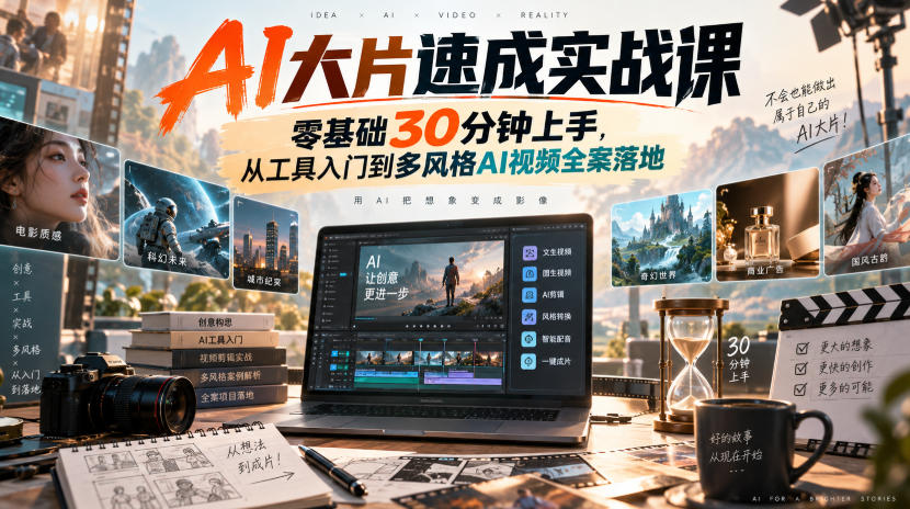 AI大片速成实战课｜零基础30分钟上手，从工具入门到多风格AI视频全案落地​-佰因轻创网