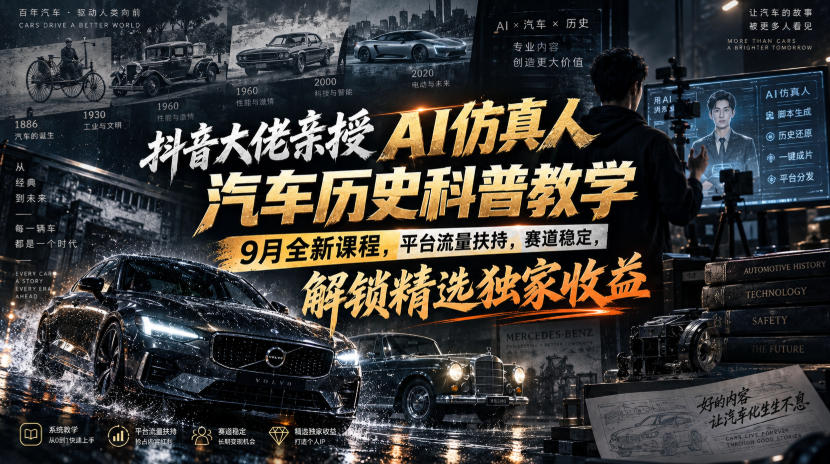 抖音大佬亲授AI仿真人汽车历史科普教学，9月全新课程，平台流量扶持，赛道稳定，解锁精选独家收益-佰因轻创网