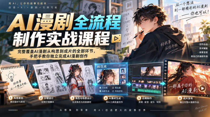 AI漫剧全流程制作实战课程，完整覆盖AI漫剧从构思到成片的全部环节，手把手教你独立完成AI漫剧创作-佰因轻创网
