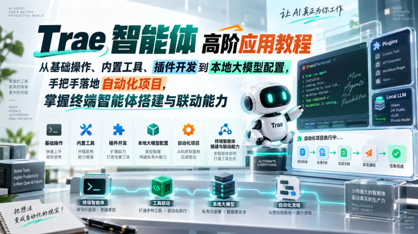 Trae智能体高阶应用教程，从基础操作、内置工具、插件开发到本地大模型配置，手把手落地自动化项目-佰因轻创网