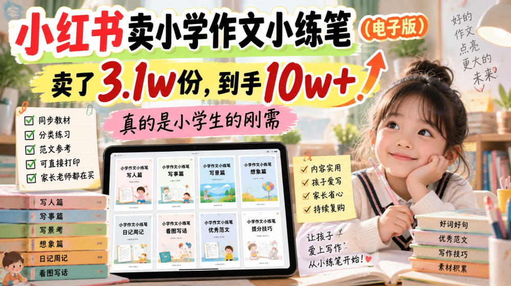 小红书卖小学作文小练笔(电子版),卖了3.1w份,到手10w+,真的是小学生的刚需-佰因轻创网