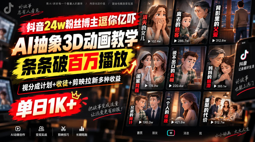 抖音24w粉丝博主逗你亿吓AI抽象3D动画教学，条条破百万播放，分成计划+收徒+剪映拉新多种收益，单日1K+-佰因轻创网