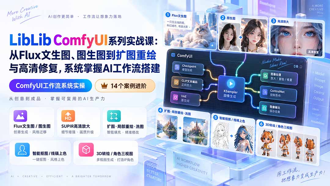 LibLib ComfyUI系列实战课：从Flux文生图、图生图到扩图重绘与高清修复，系统掌握AI工作流搭建-佰因轻创网