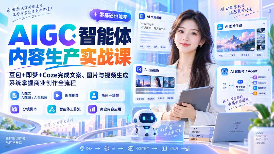 AIGC智能体内容生产实战课：豆包+即梦+Coze完成文案、图片与视频生成，系统掌握商业创作全流程-佰因轻创网