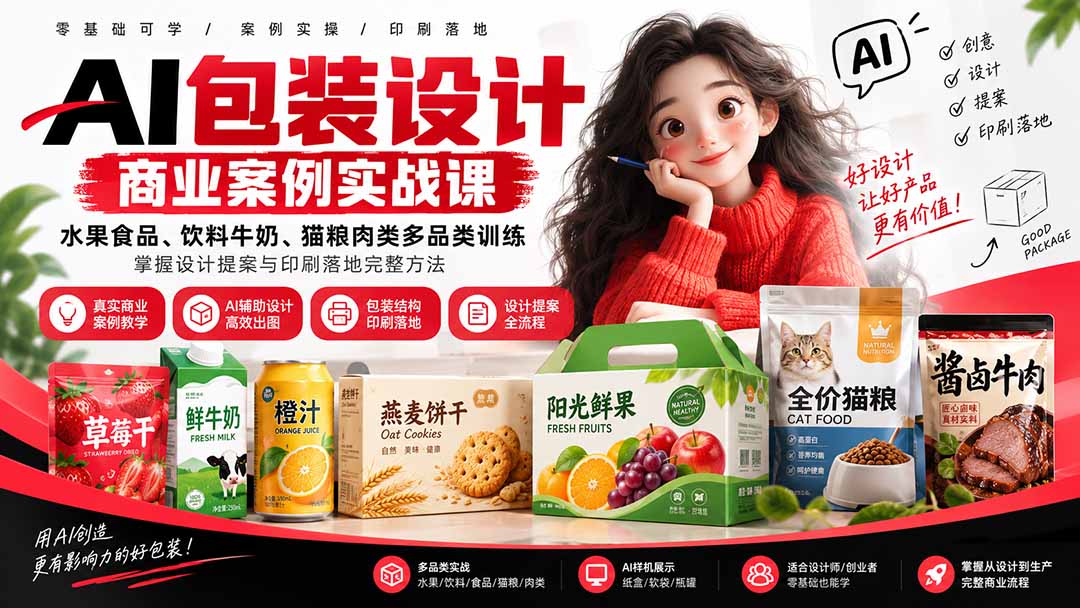 AI包装设计商业案例实战课：水果食品、饮料牛奶、猫粮肉类多品类训练，掌握设计提案与印刷落地完整方法-佰因轻创网