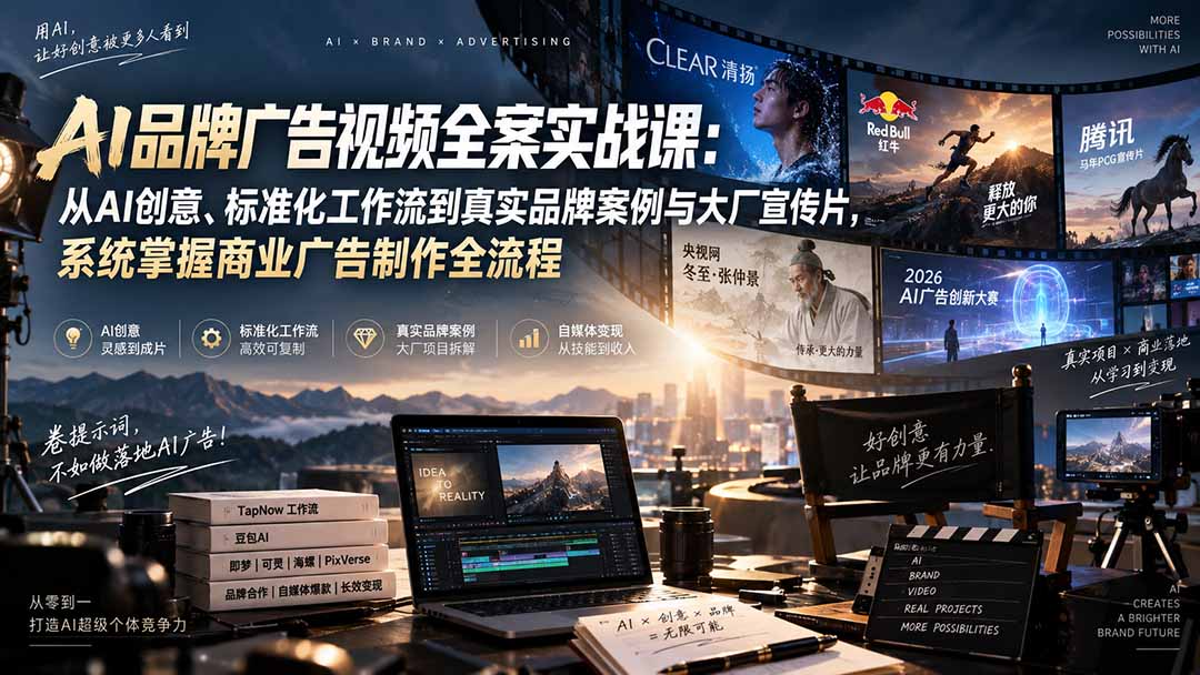 AI品牌广告视频全案实战课：从AI创意、标准化工作流到真实品牌案例与大厂宣传片，系统掌握商业广告制作全流程-佰因轻创网