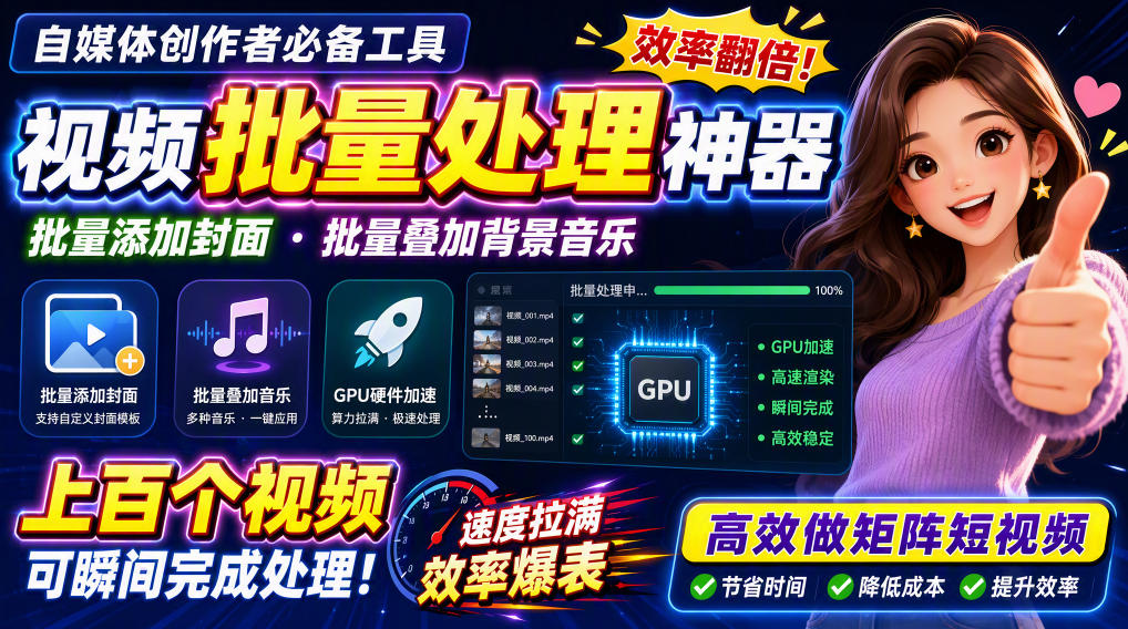 视频批量加封面，把封面添加到视频第一帧，不用剪辑软件批量添加-佰因轻创网