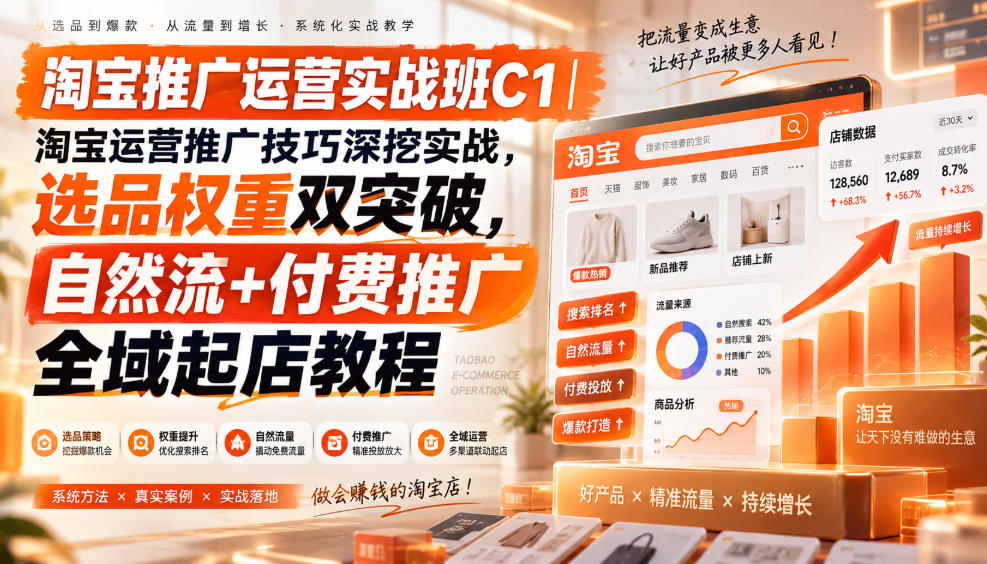 淘宝推广运营实战班C1｜淘宝运营推广技巧深挖实战，选品权重双突破，自然流+付费推广全域起店教程-佰因轻创网
