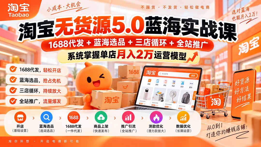 淘宝无货源5.0蓝海实战课-更新：1688代发+蓝海选品+三店循环+全站推广，系统掌握单店月入2万运营模型-佰因轻创网
