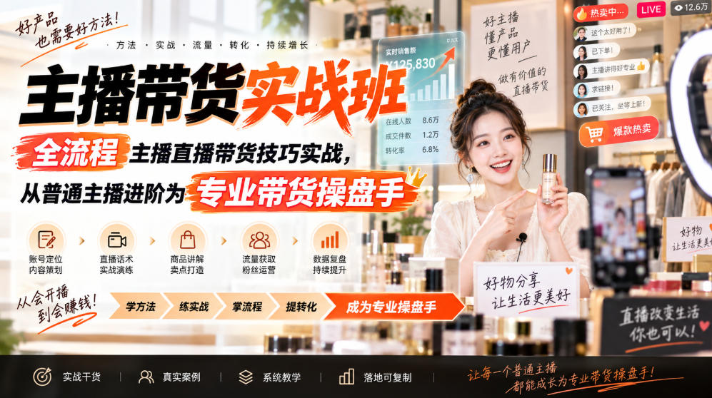主播带货实战班ZB，全流程主播直播带货技巧实战，从普通主播进阶为专业带货操盘手-佰因轻创网